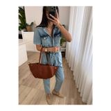 Mzr Collection KADIN KISA KOLLU BAĞLAMALI UZUN KOT TULUM DENİM