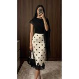 Mzr Collection KADIN SATEN BEYAZ PUANTİYELİ SİYAH DANTEL DETAYLI LASTİKLİ ASTARLI ETEK