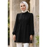 N.S NEVA STYLE Beli Büzgülü Düğmeli Siyah Tesettür Tunik 51091S