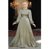 N.S NEVA STYLE Boncuk Detaylı Açık Haki Tesettür Abiye Elbise 23301AHK