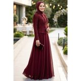 N.S NEVA STYLE Büzgü Detaylı Bordo Tesettür Abiye Elbise 54912BR