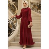 N.S NEVA STYLE Dalga Desen Büzgülü Bordo Tesettür Abiye Elbise 5538BR