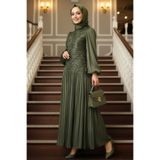 N.S NEVA STYLE Dalga Desen Büzgülü Haki Tesettür Abiye Elbise 5538HK
