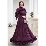 N.S NEVA STYLE Fırfır Detaylı Koyu Mor Tesettür Abiye Elbise 56612KMOR