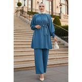 N.S NEVA STYLE Kemerli İndigo Mavisi Tesettür İkili Takım 44691IM
