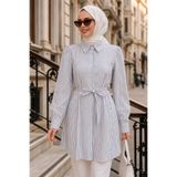 N.S NEVA STYLE Kuşaklı Çizgili Poplin Lacivert Tesettür Tunik 155971L