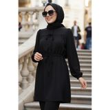 N.S NEVA STYLE Önden Düğmeli ve Bağcıklı Siyah Tesettür Poplin Tunik 20287S