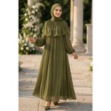 N.S NEVA STYLE Pelerin Detaylı Büzgülü Janjan Şifon Haki Tesettür Abiye Elbise 80401HK