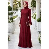 N.S NEVA STYLE Taş İşlemeli Drapeli Bordo Tesettür Abiye Elbise 56062BR