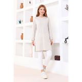 nacar çarşı Kadın Açık Gri Oversize Tunik Tişört – Uzun Kollu, Yuvarlak Yaka, Rahat Kesim