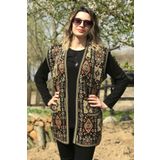 Nacar Kadın Kilim Desenli Düğmezsiz Kalın V Yaka Anne Yelek