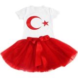 Nacar Kız Çocuk 23 Nisan 29 Ekim Gösteri Kıyafeti Desenli Takım Kısa Kol Beyaz T-Shirt Tütü Etek - Kırmızı - Beyaz - 5 Yaş