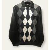 Nacar Store Erkek Desenli Polo Yaka Ince Yün Triko Düğmeli Baba Kazak - 3XL - Siyah