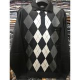 Nacar Store Erkek Desenli Polo Yaka Ince Yün Triko Düğmeli Baba Kazak - 4XL - Siyah