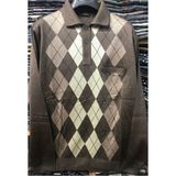 Nacar Store Erkek Desenli Polo Yaka Ince Yün Triko Düğmeli Kazak - Kahverengi - 3XL