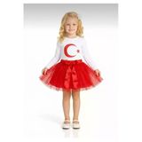 Nacar Store Kız Çocuk 23 Nisan 29 Ekim Gösteri Kıyafeti Beyaz Uzun Kol Ayyıldız T-Shirt Kırmızı Tütü Etek Takım