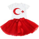 Nacar Store Kız Çocuk 23NISAN 29EKIM Gösteri Doğumgünü Kıyafeti Ayyıldız Kısa Kol Beyaz T-Shırt Tütü Etek Takım - 6 Yaş
