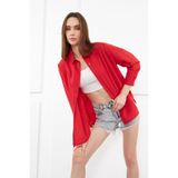 NACAR STYLİSH Kadın Kırmızı Oversize Uzun Basic Gömlek