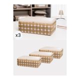 NACAREV 3 Adet Büyük Boy Bej Kare Desen Ekoseli Baza Altı Düzenleyici Hurç Seti 60x40x20 Cm