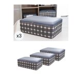 NACAREV 3 Adet Büyük Boy Gri Kare Desen Ekoseli Baza Altı Düzenleyici Hurç Seti 60x40x20 cm