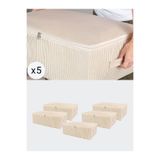NACAREV 5 Adet Büyük Boy Krem Çizgi Desenli Baza Altı Düzenleyici Hurç Seti 60x40x20 Cm