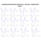 Nacario Beyaz Tavşan Kostüm Seti – Taç, Papyon, Kuyruk (12’Li Paket)