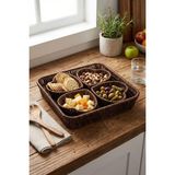 Nacario Buffer 5 Parça Plastik Rattan Sunum Seti, 4 Kalp Formlu Bölmeli Çerezlik ve Meyvelik, Doğal Hasır Görünümlü Tepsi, 26X26 cm