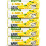 Nacario Büyük Boy Limon Kokulu Büzgülü Çöp Torbası, 65X70 Cm, 60 Litre, Su Geçirmez, Kalın Çöp Poşeti, 5 Paket 50 Adet (Büyük Boy, Limon Kokulu)