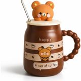 Nacario Coverzone Sevimli Ayıcık Figürlü Kapaklı Seramik Mug 300ML Kahve Kupası Kaşıklı Tasarım Kupa Ofis Masaüstü Kahve Bardağı Kapaklı Kupa Latte Çay Dekoratif Kahve Kupası Sevimli Kupa | Koyu Kahverengi