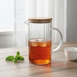 Nacario Deconox 1000 ml Bambu Kapaklı Borosilikat Cam Yağlık ve Sürahi - Isıya Dayanıklı Çizgili (Line) Desenli Modern Meşrubat ve Su Karafı (9X17 Cm)