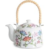 Nacario Deconox Porselen Çini Piraye Demlik - Bambu/hasır Saplı, Ateşe Dayanıklı Nostaljik Bitki Çayı ve Çay Demliği (900 ml - 2 Farklı Desen Seçeneği) (Pıraye)
