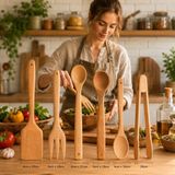 Nacario Doğal Şimşir Ağacından Ahşap Mutfak Seti, Spatula, Çatal, Kaşık ve Maşa, 6 Parça, Doğal Renk