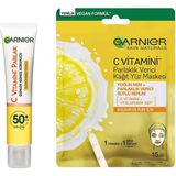 Nacario Garnier C Vitamini Günlük Uv Korumalı Güneş Yüz Kremi SPF50 Görünmez Doku 40ML & C Vitamini Parlaklık Verici Kağıt Yüz Maskesi Cilt Bakım Seti