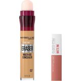 Nacario Maybelline New York Instant Anti Age Eraser Kapatıcı 07 Sand & Mini Super Stay Matte Ink Likit Mat Ruj 65 Seductress Makyaj Seti