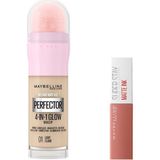Nacario Maybelline New York Instant Perfector Glow 4 Etki 1 Arada Fondöten 01 Light & Mini Super Stay Matte Ink Likit Mat Ruj 65 Seductress Makyaj Seti