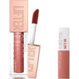 Nacario Maybelline New York Lifter Gloss Nemlendirici Dudak Parlatıcısı 016 Rust & Mini Super Stay Matte Ink Likit Mat Ruj 65 Seductress Makyaj Seti