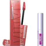 Nacario Maybelline New York Super Stay Vinyl Ink Uzun Süre Kalıcı Likit Parlak Ruj 15 Peachy & Mini Tattoo Liner Gel Pencil Makyaj Seti