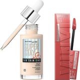 Nacario Maybelline New York Super Stay Vinyl Ink Uzun Süre Kalıcı Likit Parlak Ruj 15 Peachy & Super Stay Skin Tint Fondöten - 03 Makyaj Seti