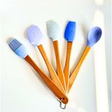Nacario Mutfak Bambu Silikon Isıya Dayanıklı Kaşık Kepçe Takımı 5 Li Set Spatula & Fırça Mavi