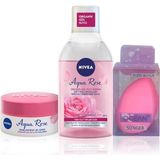 Nacario Nıvea Aqua Rose Micellar Çift Fazlı Makyaj Temizleme Suyu 400ML ve Nemlendirici Krem 50ML, Sünger Hediye