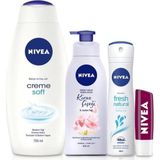 Nacario Nıvea Banyo Seti,cream Soft Duş Jeli 750 Ml,fresh Natural Kadın Deodorant 150 Ml,vücut Losyonu 400 Ml,böğürtlen Dudak Bakım Kremi ve Banyo Terliği Hediye!
