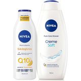 Nacario Nivea Creme Soft Kremsi Dokunuş Duş Jeli 750ML ve Q10 Sıkılaştırıcı Nemlendrici Vücut Bakım Losyonu 250ML