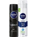 Nacario Nıvea Men Erkek Sprey Deodorant Deep Dimension 48 Saat Anti-Perspirant Koruma 150ML ve Nıvea Men Hassas Tıraş Jeli 200ML, Hassas Ciltlere Özel Hızlı Koruma, Yanma Karşıtı, Alkolsüz Formül
