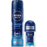 Nacario Nıvea Men Erkek Sprey Deodorant Fresh Active 150ML ve Mini Roll-On Fresh Active 25ML, Okyanus Özleri, Uzun Süren Ferahlık