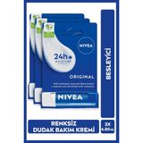 Nacario Nıvea Original Care Renksiz Dudak Bakım Kremi 4.8gr, 24 Saat Nemlendirici,shea Yağı,3x Adet