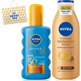 Nacario Nıvea Sun Koruma Bronzluk Güneş Spreyi 200ML ve Q10 Sıkılaştırıcı Bronzlaştırıcı Losyon 200ML,ÇANTA Hediye