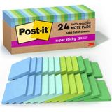 Nacario POST-IT%100 Geri Dönüşümlü Kağıt Süper Yapışkan Notlar, 2x Yapıştırma Gücü, 3x3 Inç, 24 Ped, 70 Yaprak/ped, Oasis Koleksiyonu (654R-24SST-CP)
