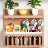 Nacario Promosyonca Kahve Köşelik ve Baharatlık, Duvara Monte Mutfak Rafı, 8 Li Baharatlık, Fincan Askılı, 40,5X37X12 cm (Krem)