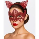 Nacario Romantik Kırmızı Dantel Maske Seti – Kedi Kulaklı Taç Ve Maske No 3
