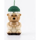 Nacario Sevimli Ayı Şekilli Cam Bardak, Pipetli ve Kapaklı, Renkli Şemsiye Tasarım, Meyve Suyu ve Soğuk Içecekler Için (Yeşil)